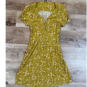 American Eagle Green Mustard Floral Dress Women Small 100% Viscose Spring/Summer